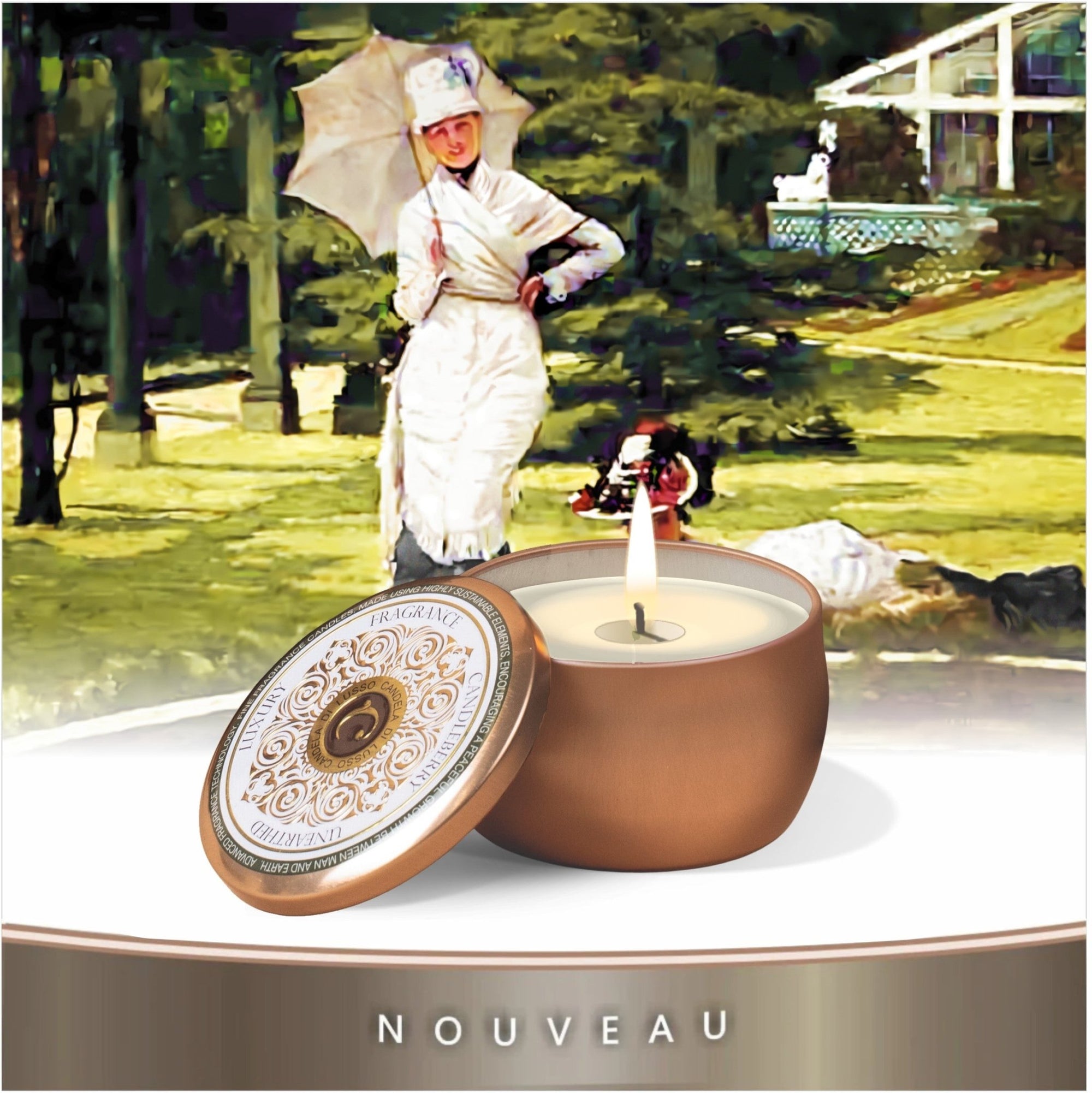 NOUVEAU - TRAVEL TIN  - GOLDEN AMBER HAVEN - fine art sultry white old america fine fragrance famous STRONG powerful scented candle premium vegan vegetable soy coconut long lasting large big best selllers