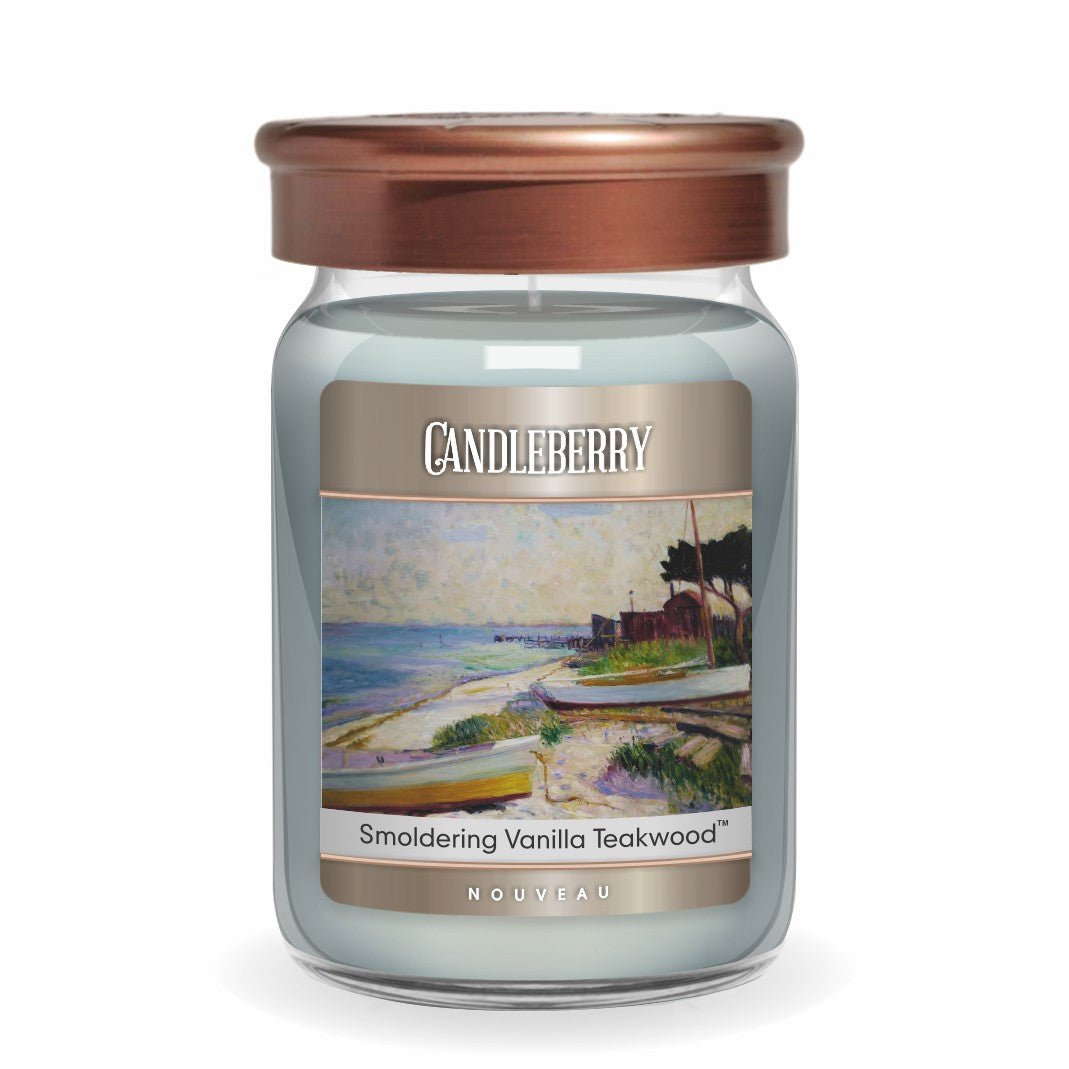 NOUVEAU LARGE JAR - SMOLDERING VANILLA TEAKWOOD - fine art blue beach ocean tropical fine fragrance famous STRONG powerful scented candle premium vegan vegetable soy coconut long lasting large big best selllers