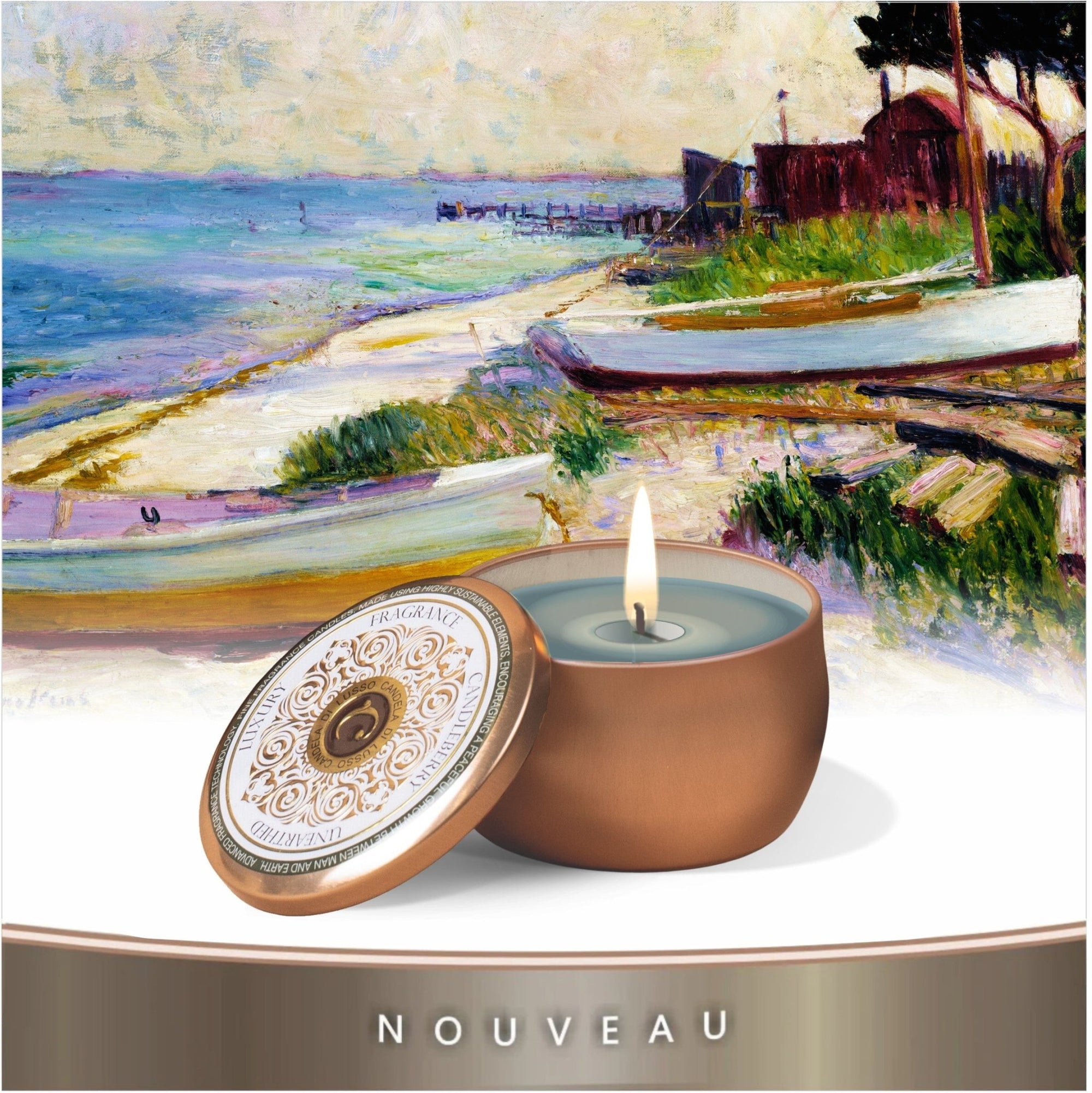 NOUVEAU - TRAVEL TIN - SMOLDERING VANILLA TEAKWOOD - vacation fine art blue beach ocean tropical fine fragrance famous STRONG powerful scented candle premium vegan vegetable soy coconut long lasting large big best selllers